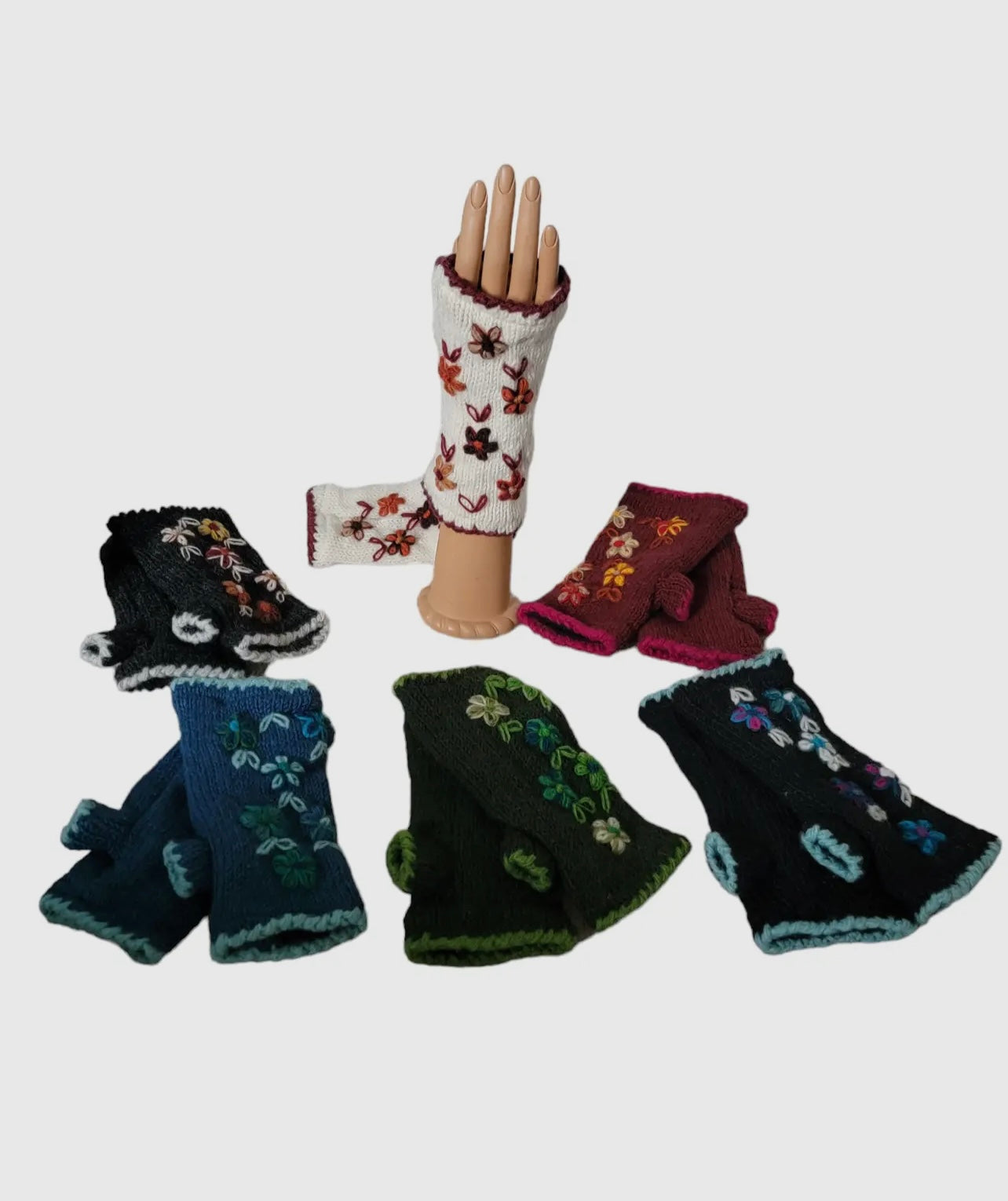 Wool Knitted Hand warmers with Vertical Flower Embroidery