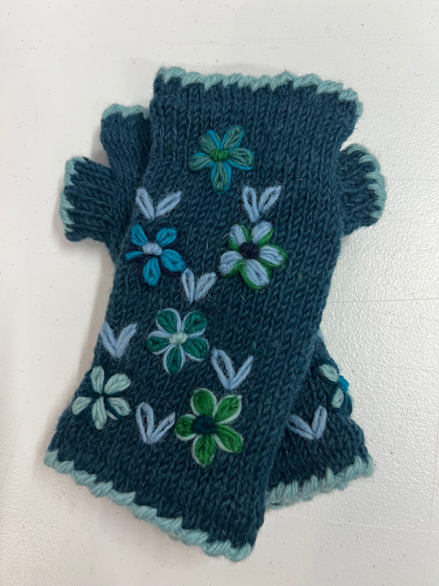 Knitted Finger less Hand Warmers with Flower Embroidery