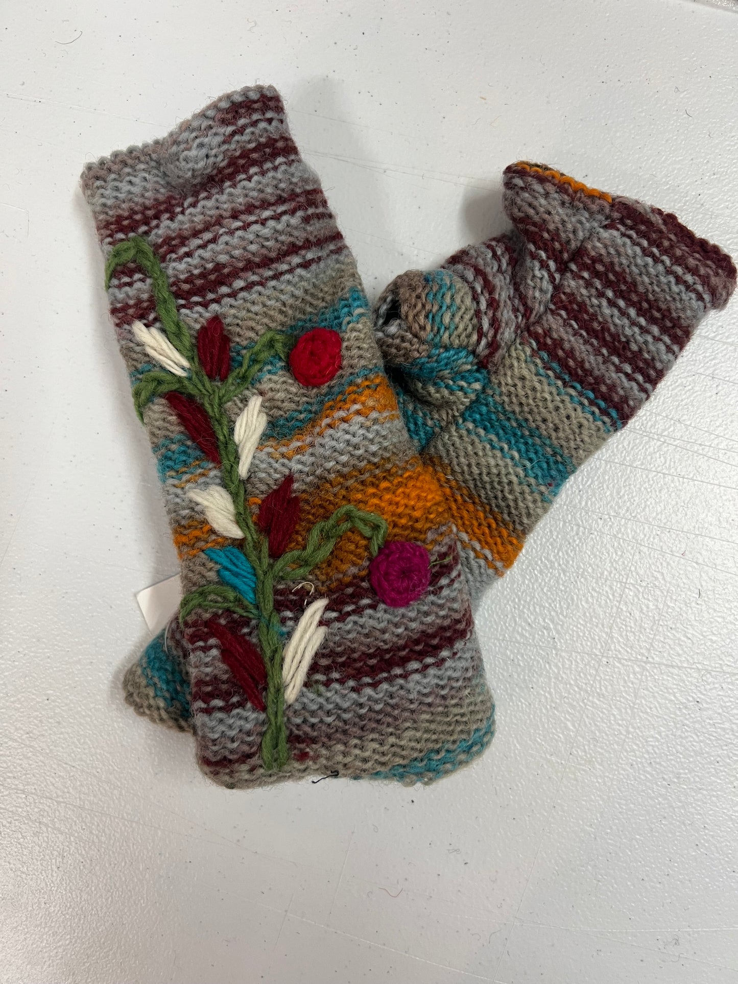 Wool Knitted Hand warmers with Vertical Flower Embroidery- Gray with different colors and a flower tree