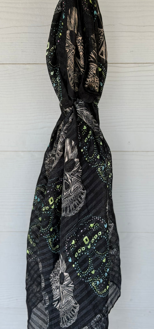 Sugar Skull Fashion Scarves- Black with white, green  turquoise sugar skulls