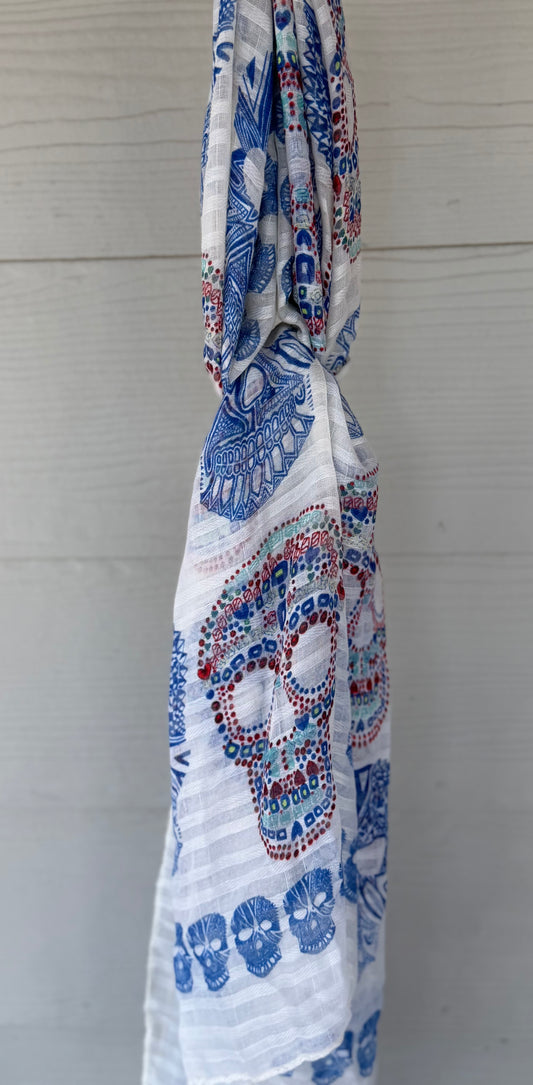 Sugar Skull Fashion Scarves- White with blue skull,  red, white, and mint green sugar skulls