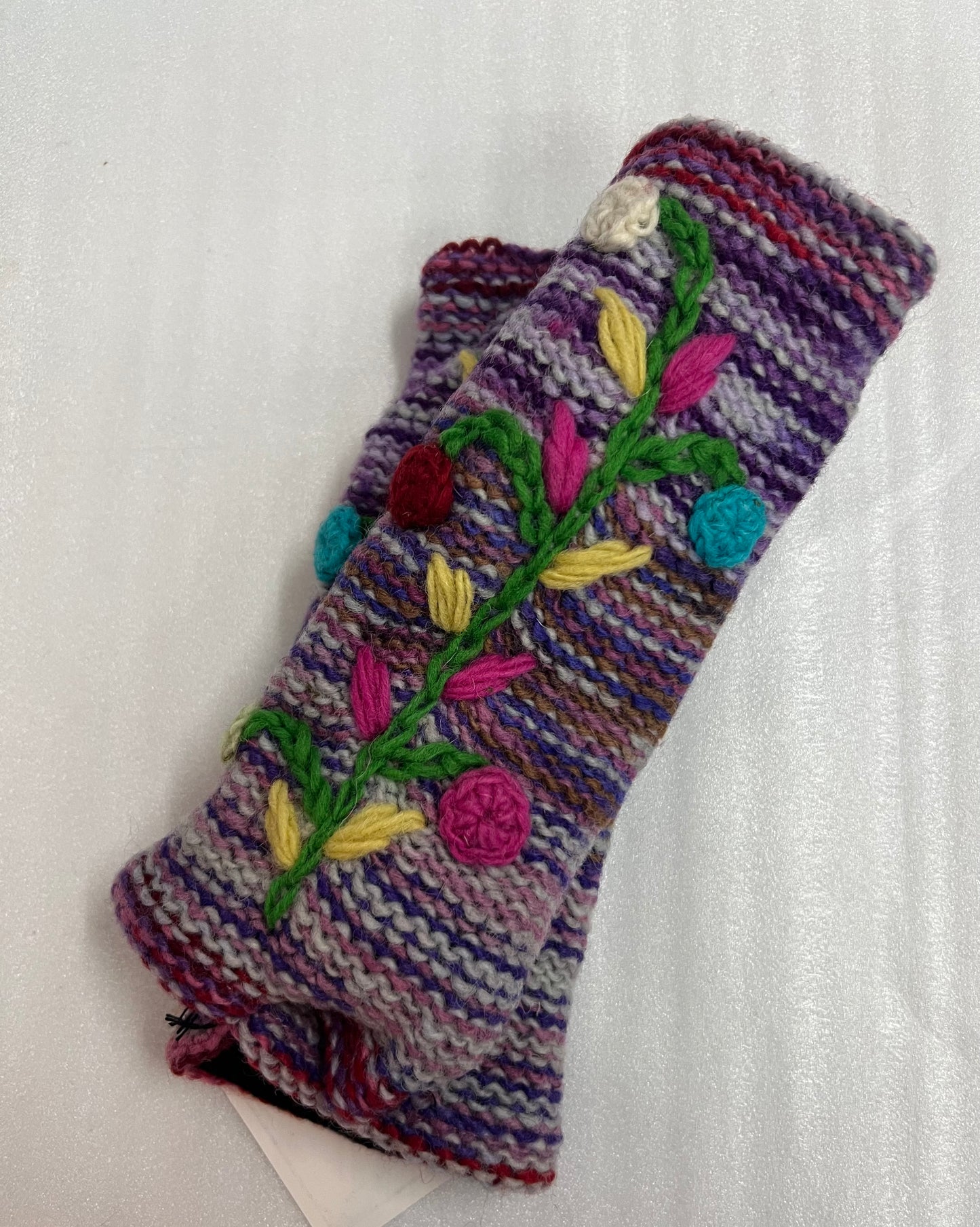 Fleece Lined Wool Knitted Hand warmers- Flower Embroidery