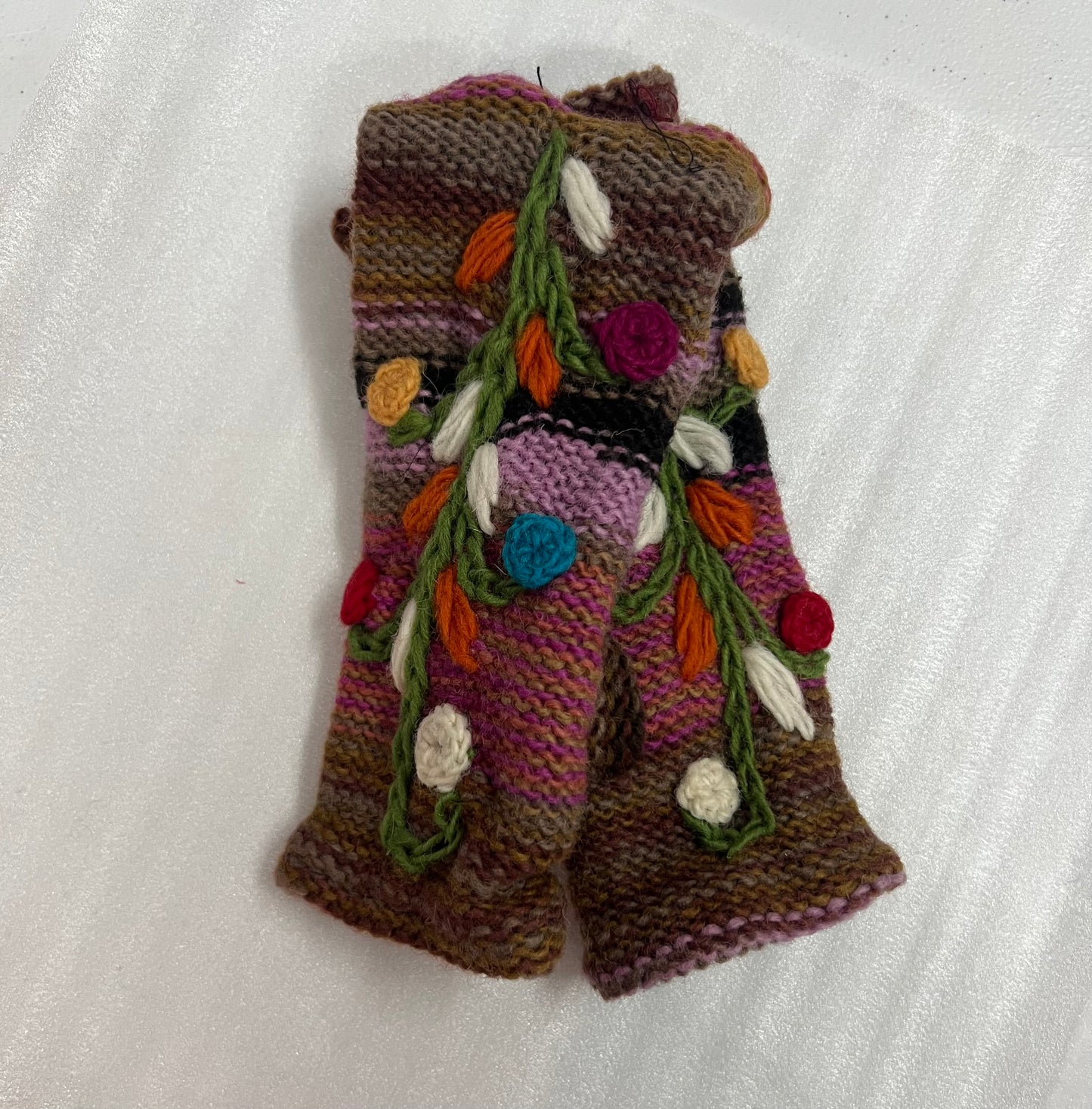 Fleece Lined Wool Knitted Hand warmers- Flower Embroidery