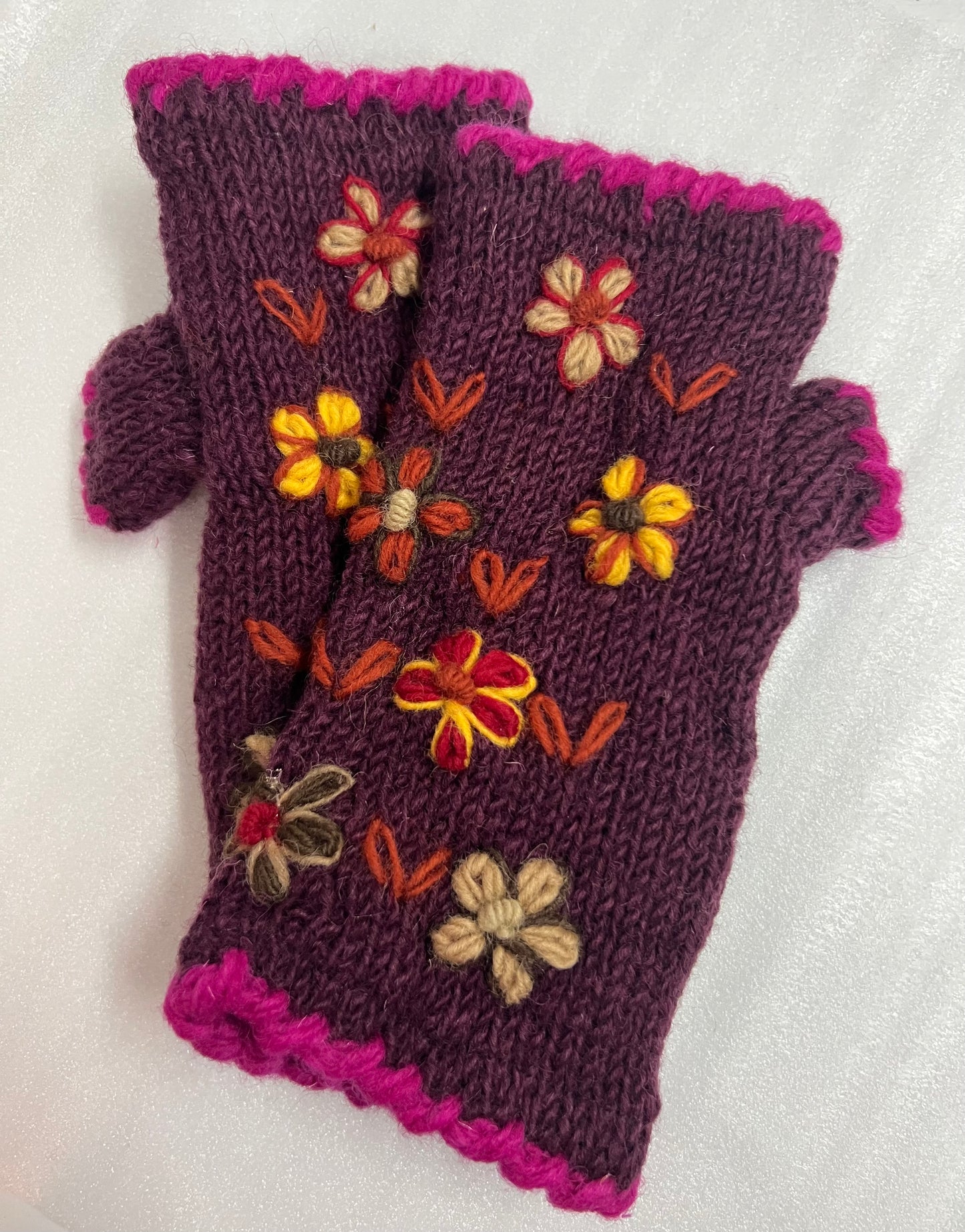 Fleece Lined Wool Knitted Hand warmers- Flower Embroidery