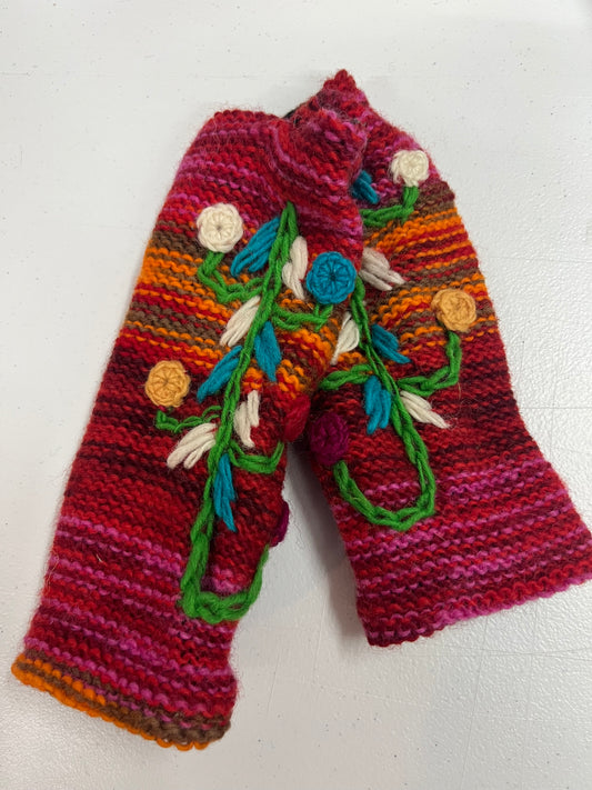 Wool Knitted Hand warmers with Vertical Flower Embroidery- Red with different bright color and a flower tree