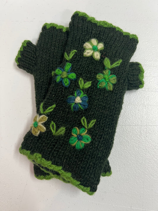 Knitted Finger less Hand Warmers with Flower Embroidery