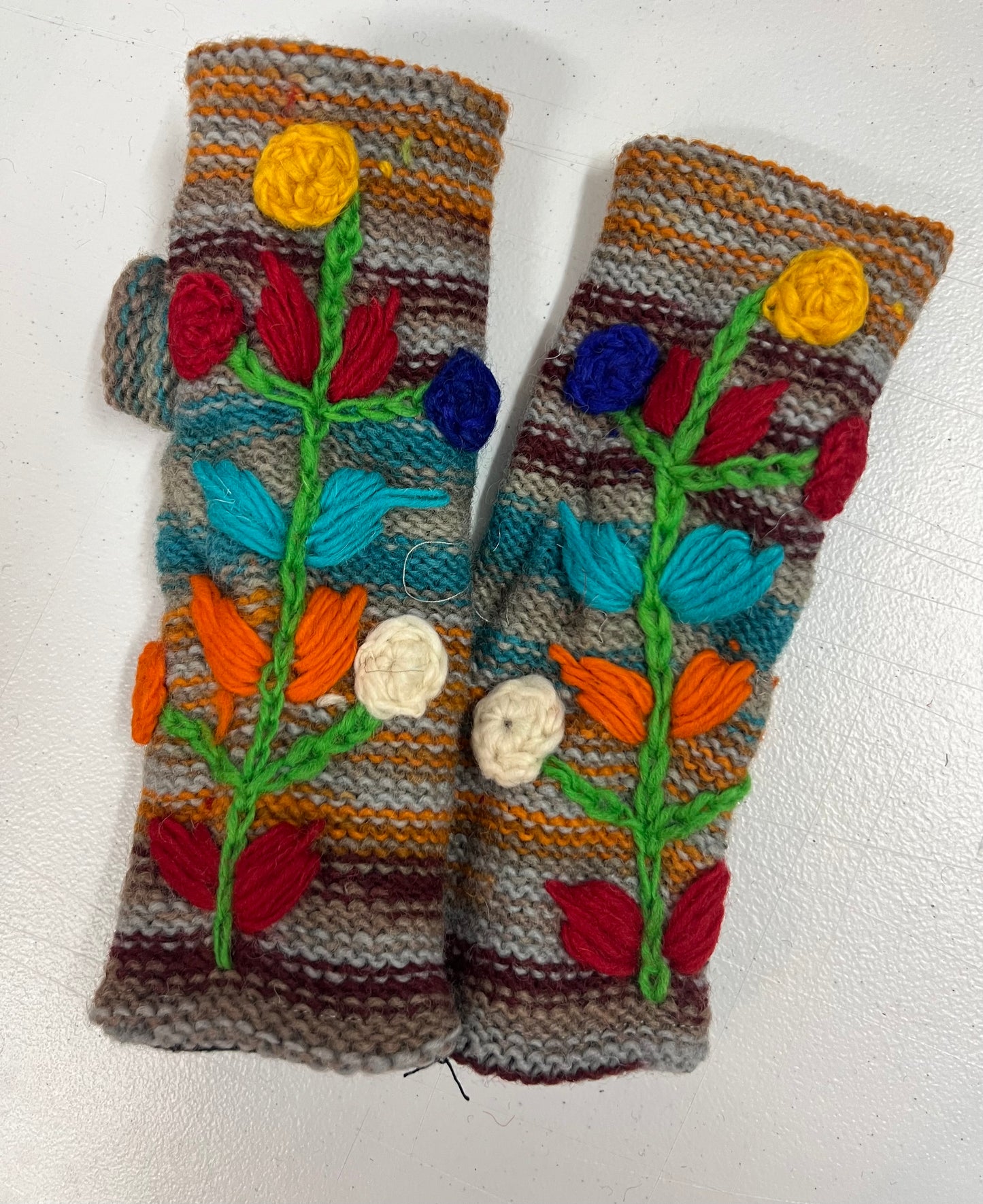 Wool Knitted Hand warmers with Vertical Flower Embroidery -Beige with multicolored flower tree