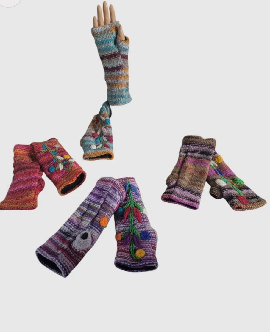 Wool Knitted Hand warmers with Vertical Flower Embroidery
