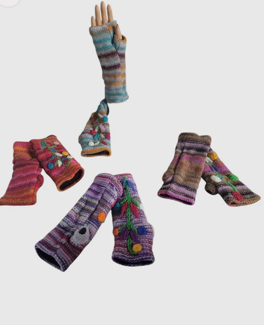 Wool Knitted Hand warmers with Vertical Flower Embroidery